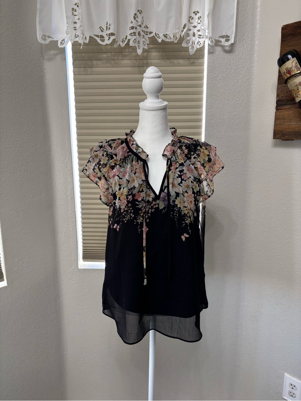 Joie Black Floral Chiffon Ruffle Tie Neck Blouse - Picture 4 of 4